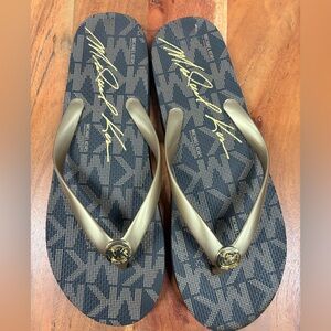 EUC Michael Kors Black & Gold Flip Flops